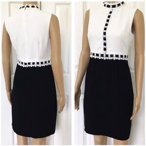 CECE Black + White Sleeveless Whipstitch Crochet Lace Trim Dress LARGE 12